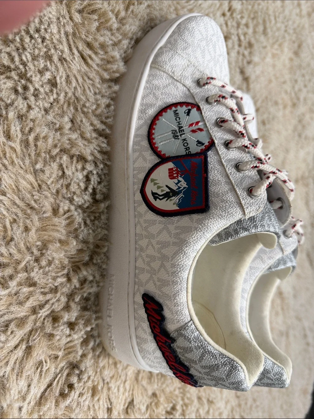 Michael Kors White & Silver Kids Logo Patch Lace-Up Sneakers